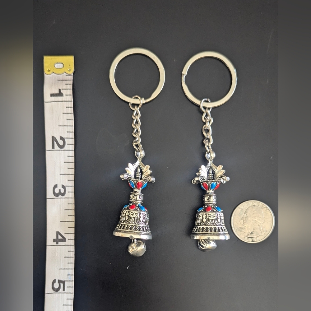 Silver Colored Bell Keychain with Red and Blue Accents for Couples